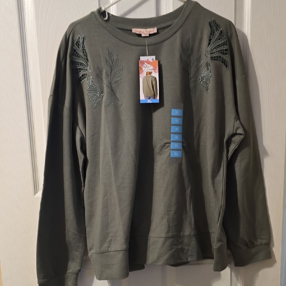 Embroidered Olive Green Long Sleeve Top